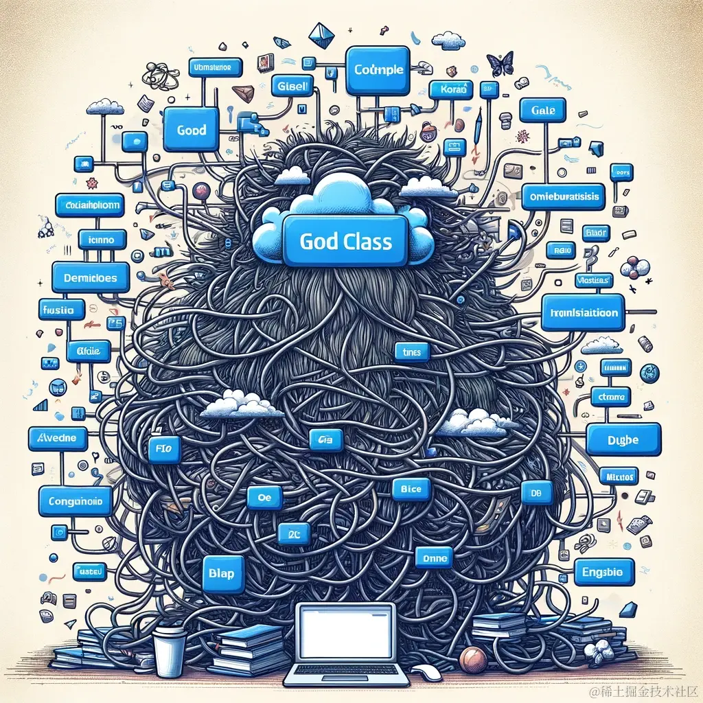 DALL·E 2023-12-10 15.33.12 - A creative illustration depicting the concept of a 'God Class' in software development. The image should symbolize a large, overburdened class with va.png