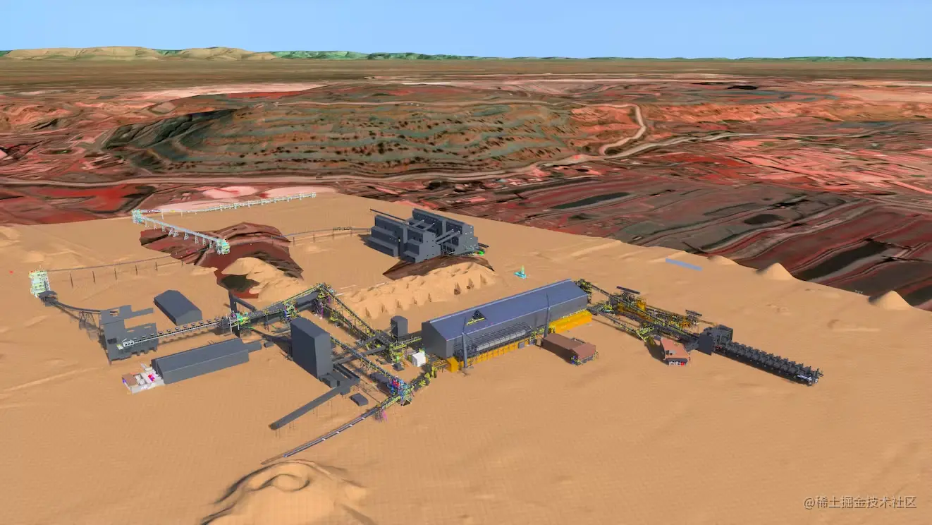 A digital twin of an iron ore mining facility modeled in Cesium for Omniverse with precise geospatial context.