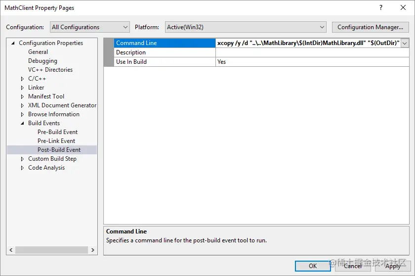 Screenshot of the Property Pages dialog showing the post build event command line property.