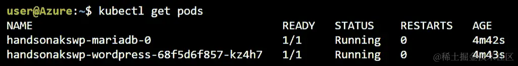 当执行 kubectl get pods 命令时，您将看到 MariaDB Pod 的可预测名称和 WordPress Pod 的随机字母数字名称。