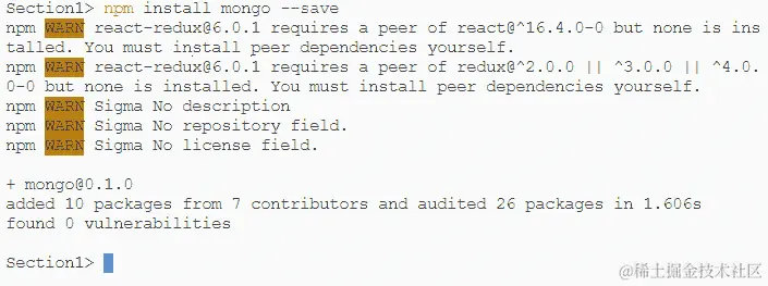 图 8.1：使用 npm 安装 MongoDB 驱动程序