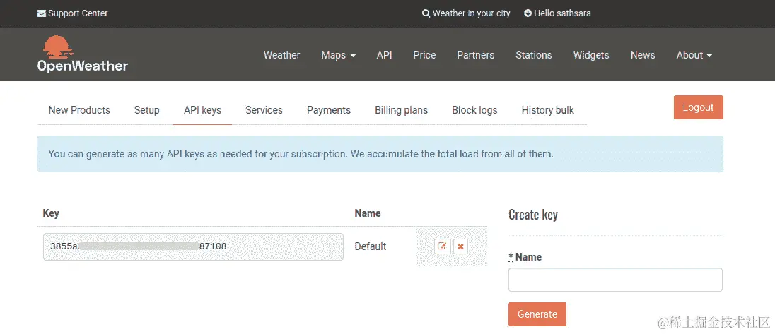 图 8.73：OpenWeather API 密钥