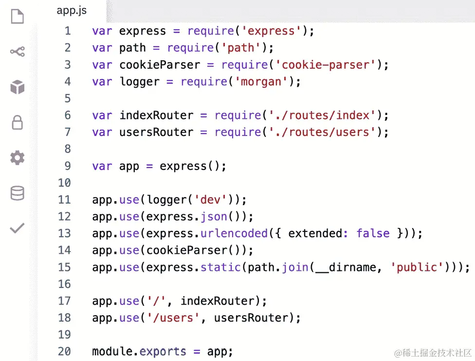 图 9.4 – 由 express-generator 创建的默认 app.js 文件    