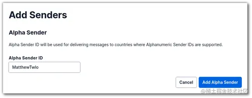 A form to add an Alphanumeric Sender ID to the senders of a messaging service. The form contains one required field, the Alpha Sender ID field.