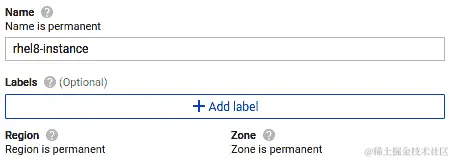 图 2.8 - Google 云中的 RHEL8 - 创建新的 VM 实例; 名称