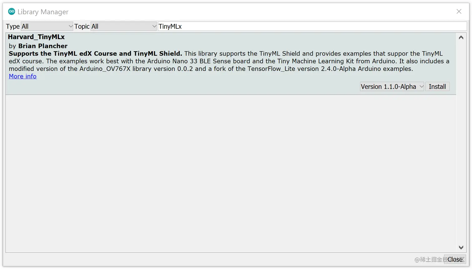 TinyMLx Library selection in the Library Manager