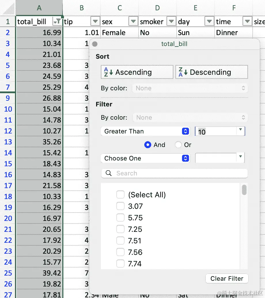 屏幕截图显示将 total_bill 列过滤为大于 10 的值