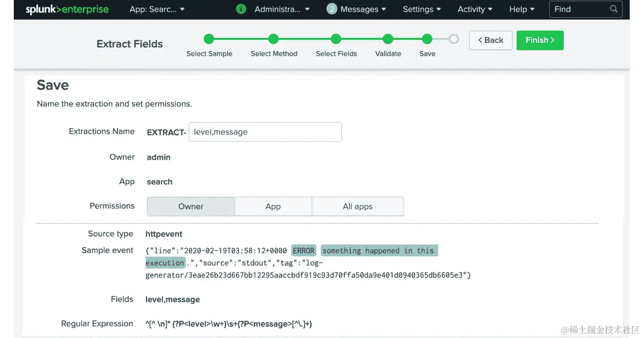 图 14.23：在 Splunk 中完成字段提取