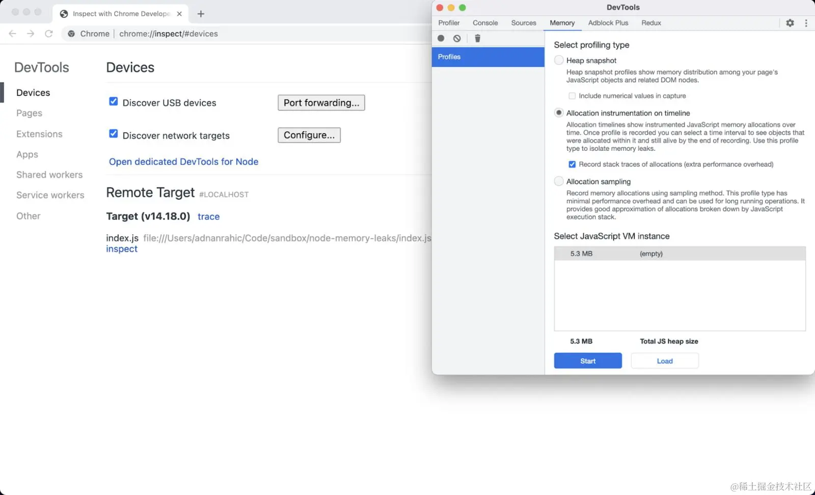 nodejs find memory leak