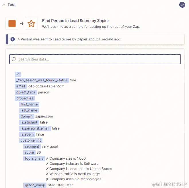 图 10.10 – Lead Score by Zapier 搜索操作检索的数据概述