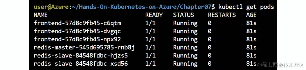使用 kubectl get pods 命令检索我们部署中的 Pod 的状态。