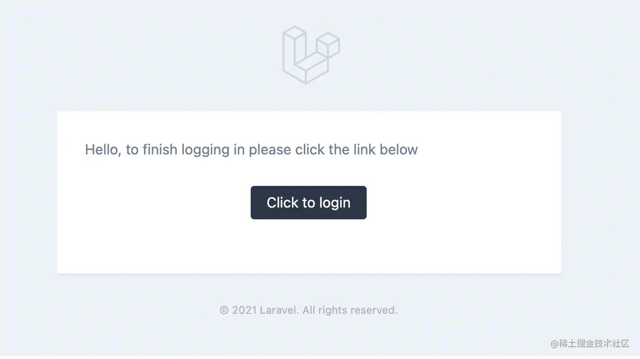 Screenshot of a Laravel app that reads "Hello to finish signing in click the link below"