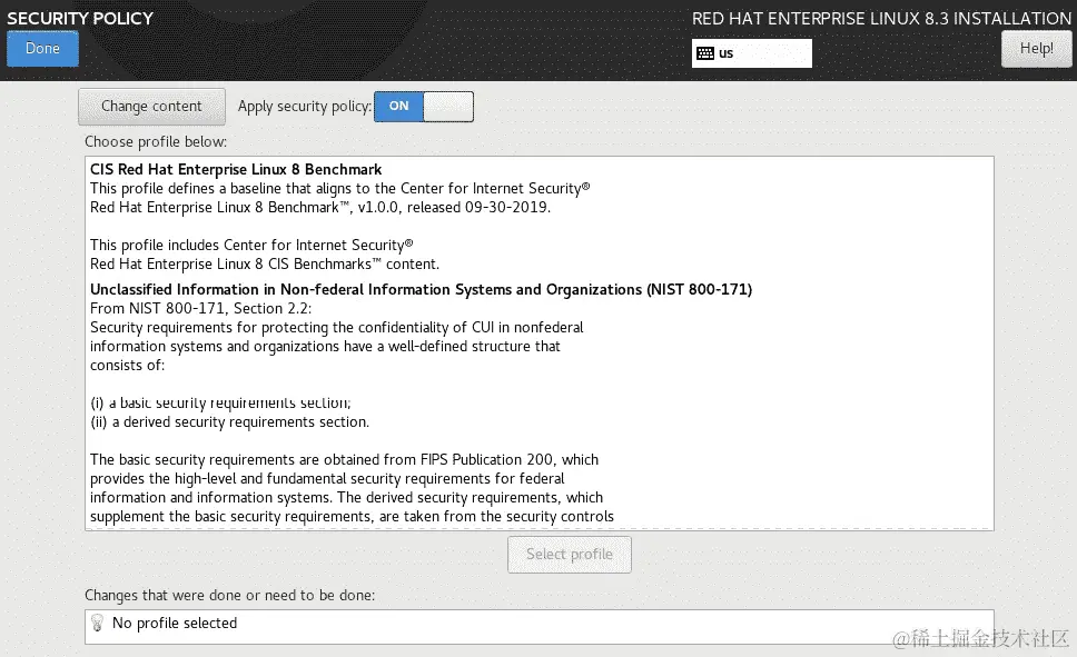 图 1.51 - RHEL8 安装 - 安全策略配置菜单