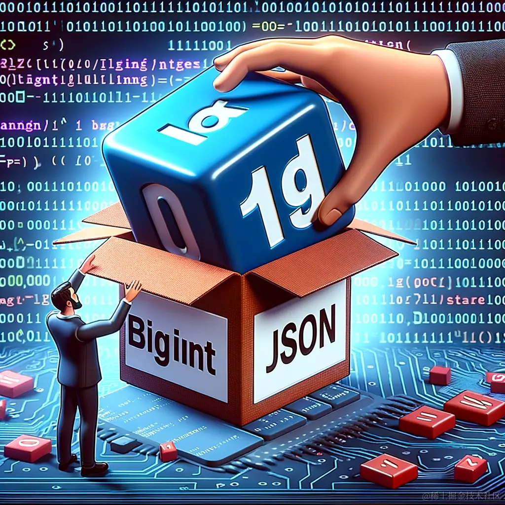 DALL·E 2023-12-29 21.56.50 - A digital illustration of a giant number 'BigInt' being squeezed into a small box labeled 'JSON', surrounded by binary code and mathematical symbols t.png