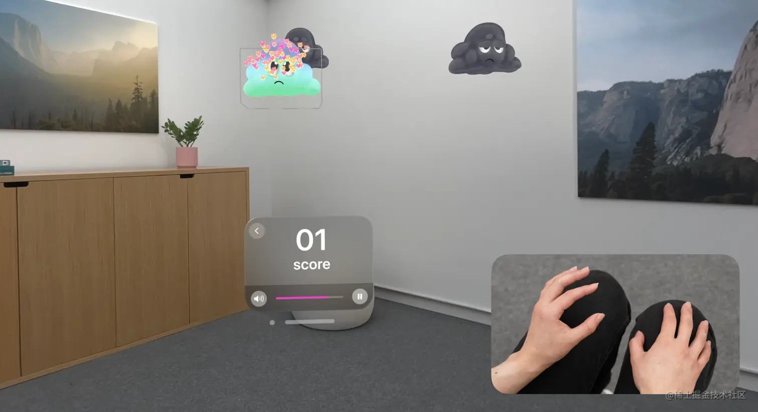 A screenshot showing someone using VoiceOver to play Happy Beam. A picture-in-picture shows someone with their hands in their lap making the VoiceOver gesture to activate an element. In the game, one of the clouds displays a cheer up animation and VoiceOver highlights that cloud in a rectangle to show that it's the focused element.