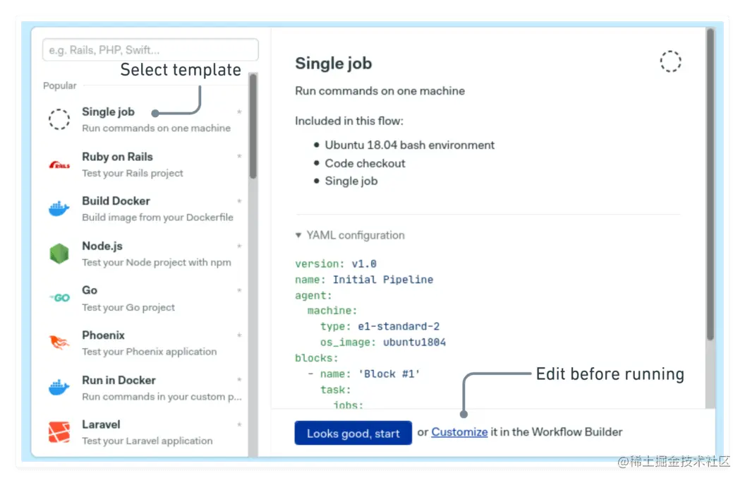 Selecting the single job starter template