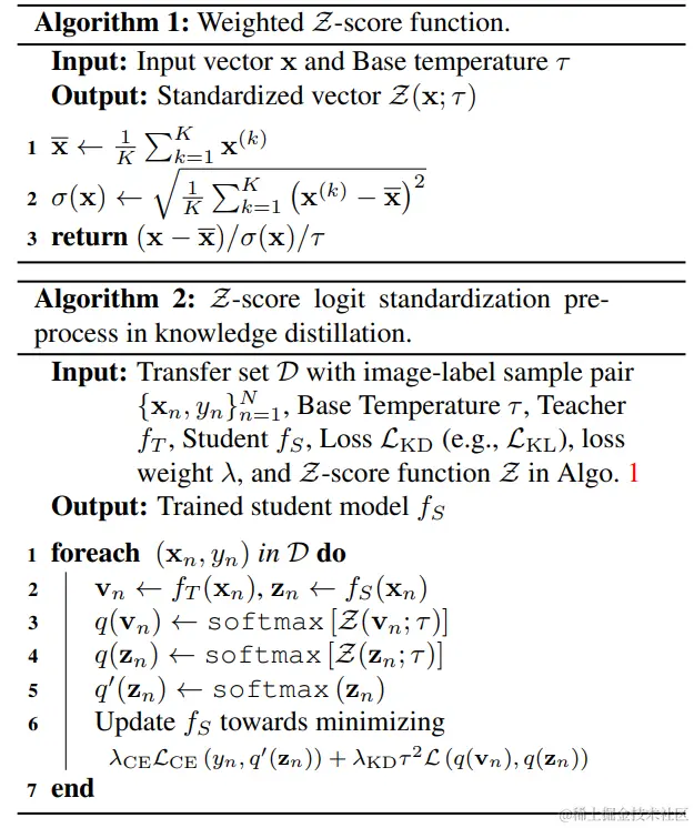算法1:Z-score函数算法;算法2:logit标准化的知识蒸馏算法
