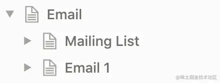 Notion page organization for Email page with Mailing List and Email 1 as subpages