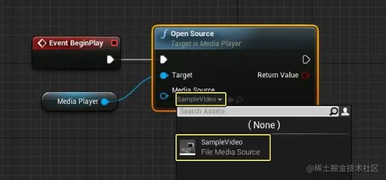 将Media Source设置为SampleVideo并连接到Event Begin Play