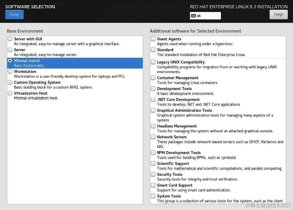 图 1.32 – RHEL8 安装 – 软件选择菜单；选择最小安装