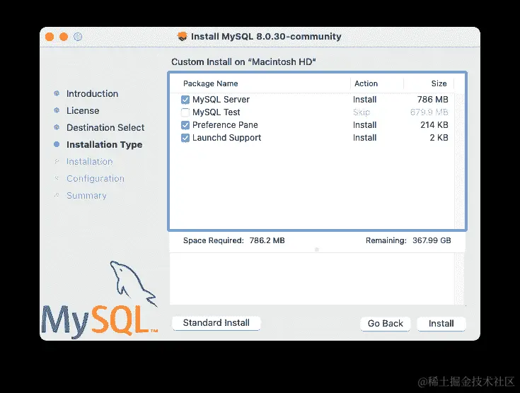 自定义显示三个软件包名称选项：MySQL 服务器、MySQL 测试、首选项面板和 Launchd 支持。所有三个选项都已被选中。