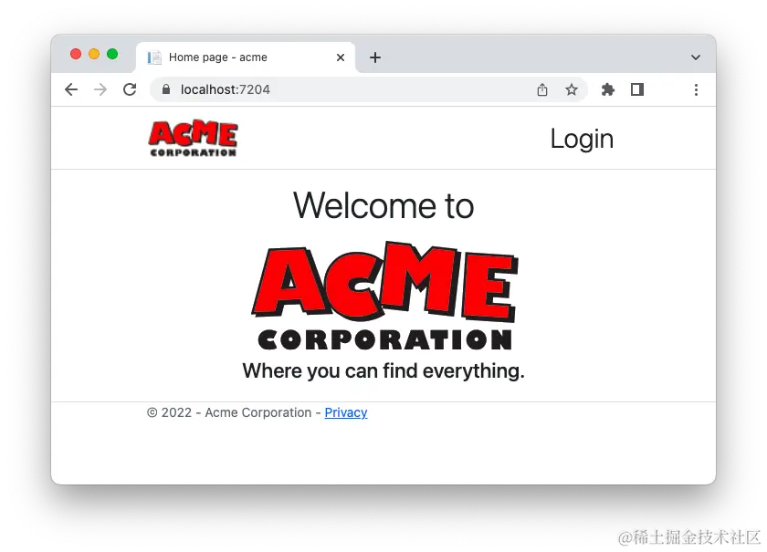 ACME home page with login