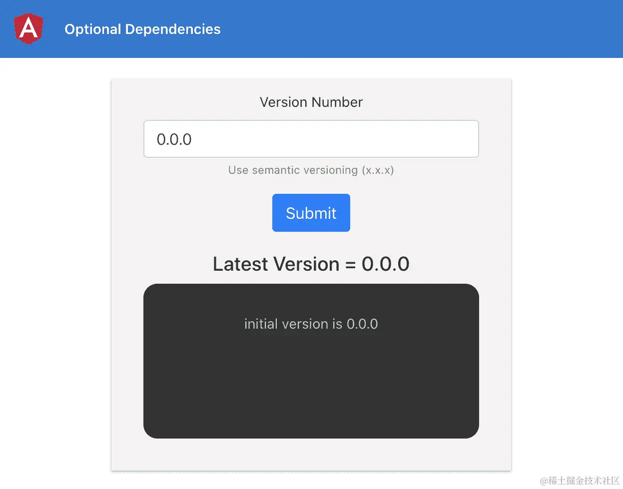 图 3.2 - ng-optional-dependencies 应用程序在 http://localhost:4200 上运行