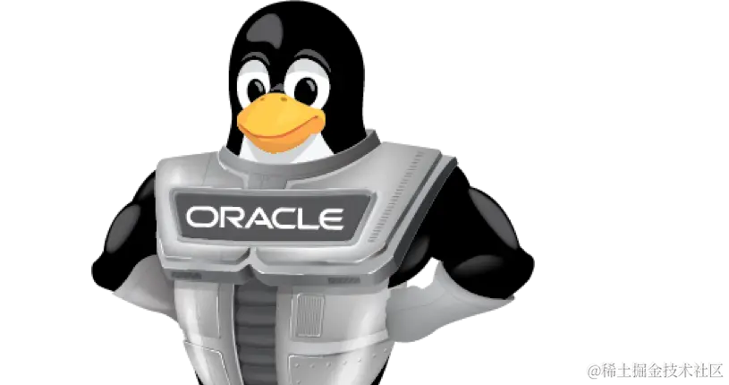 Linux Tux 插图 - 一只企鹅，穿着印有 Oracle 的盔甲