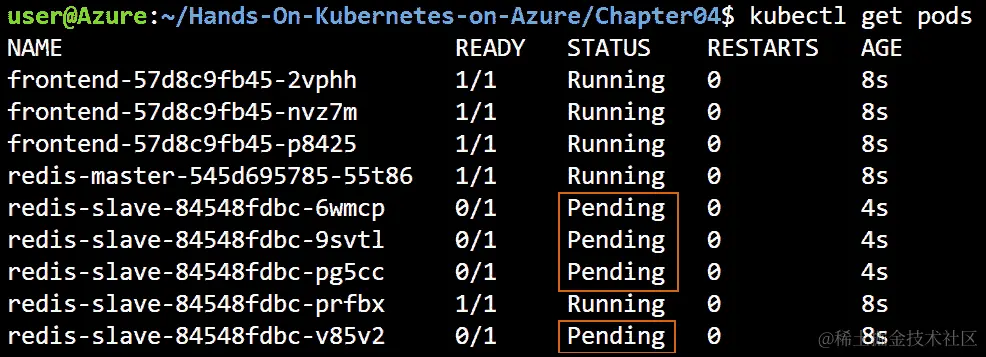 执行 kubectl get pods 将显示四个处于挂起状态的 Pod。这意味着它们无法被调度到节点上。