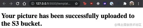 success page saying "your picture has been successfully uploaded to the S3 bucket"