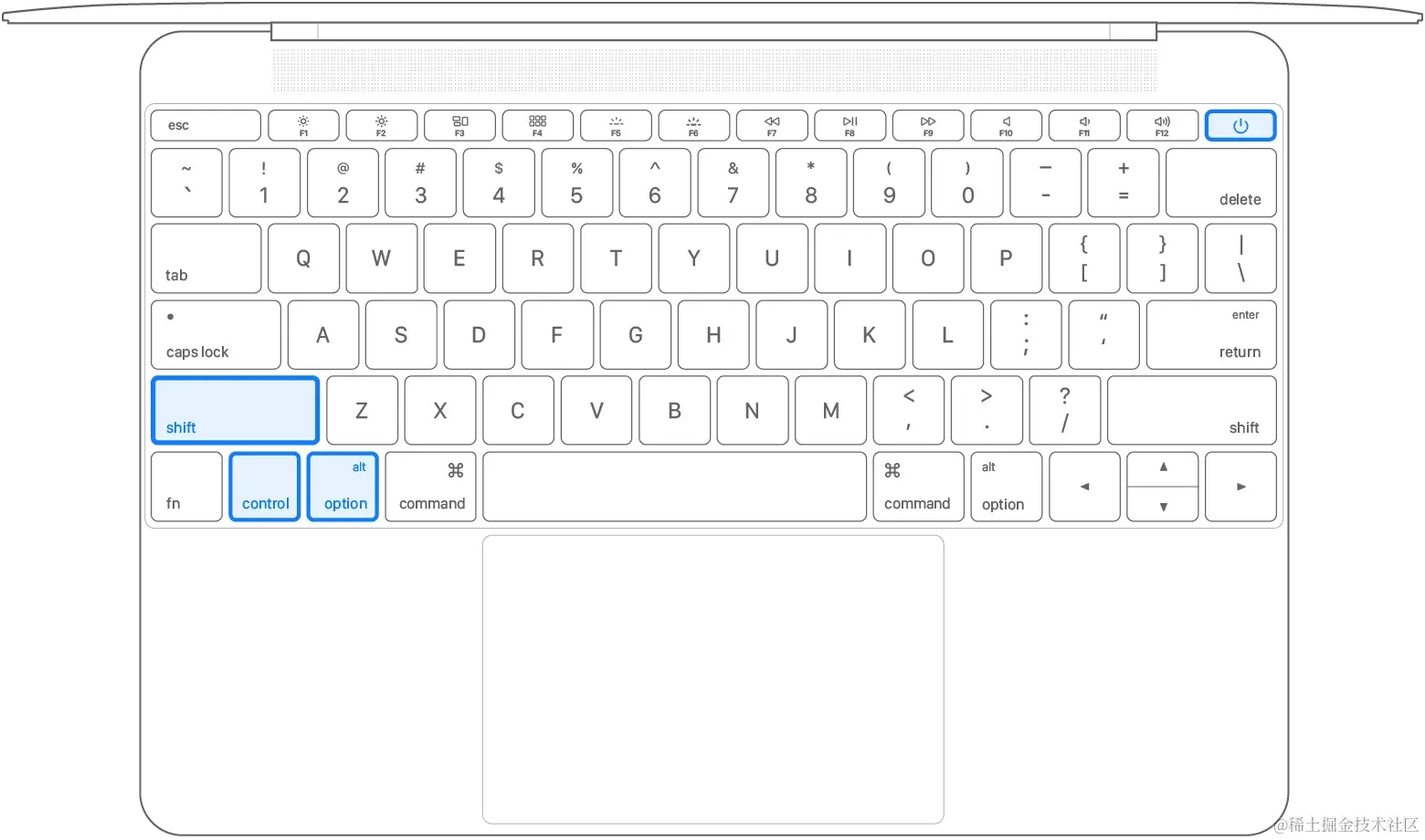 全部 4 个按键已被按下的笔记本电脑键盘