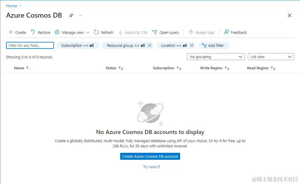Azure cosmos DB page