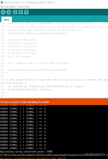 A screenshot of the Arudino IDE showing the blink sketch code at the top and the terminal output at the bottom. The terminal has an orange highlight that says “An error occuried while uploading the sketch” and then has a series of somewhat cryptic error messages in the text. As noted in the text if you see this orange error bar -- check out FAQ appendix first as we have documented the common errors. https://github.com/tinyMLx/appendix/blob/main/ArduinoFAQ.md