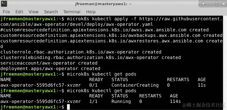 图 5.1 - 成功部署 AWX Operator 后的 microk8s pod 状态