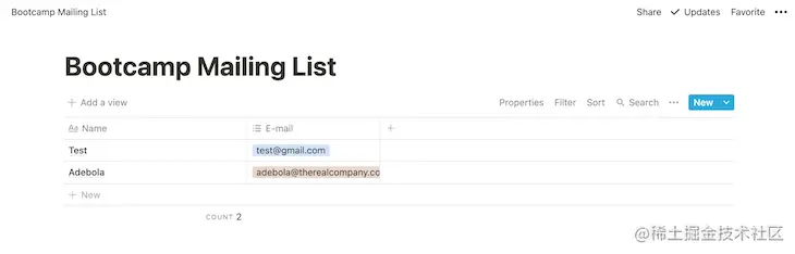 Bootcamp Mailing List Notion