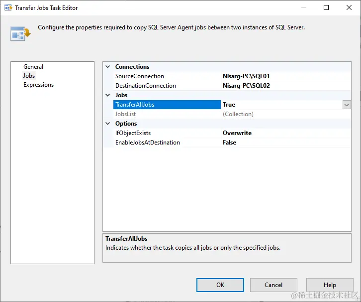 Transfer Jobs Task editor