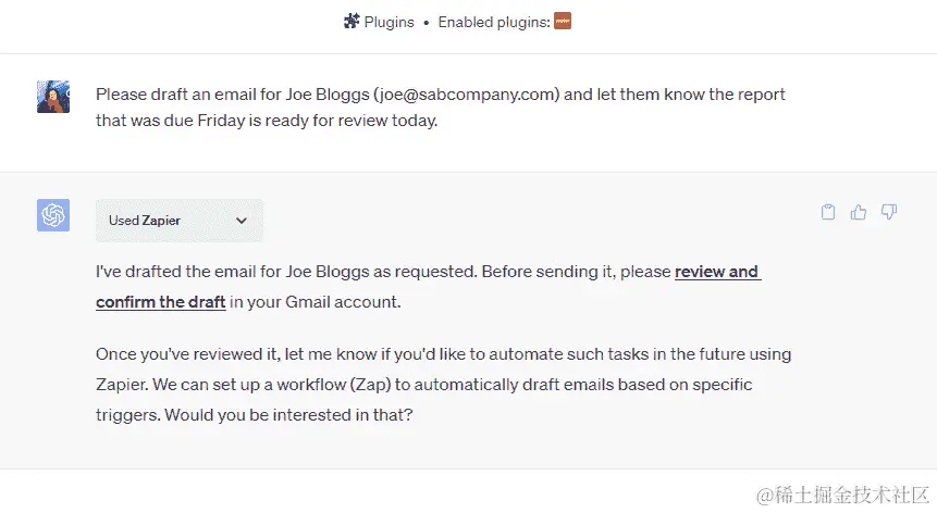 图 19.6 – 使用 Zapier ChatGPT 插件（测试版）