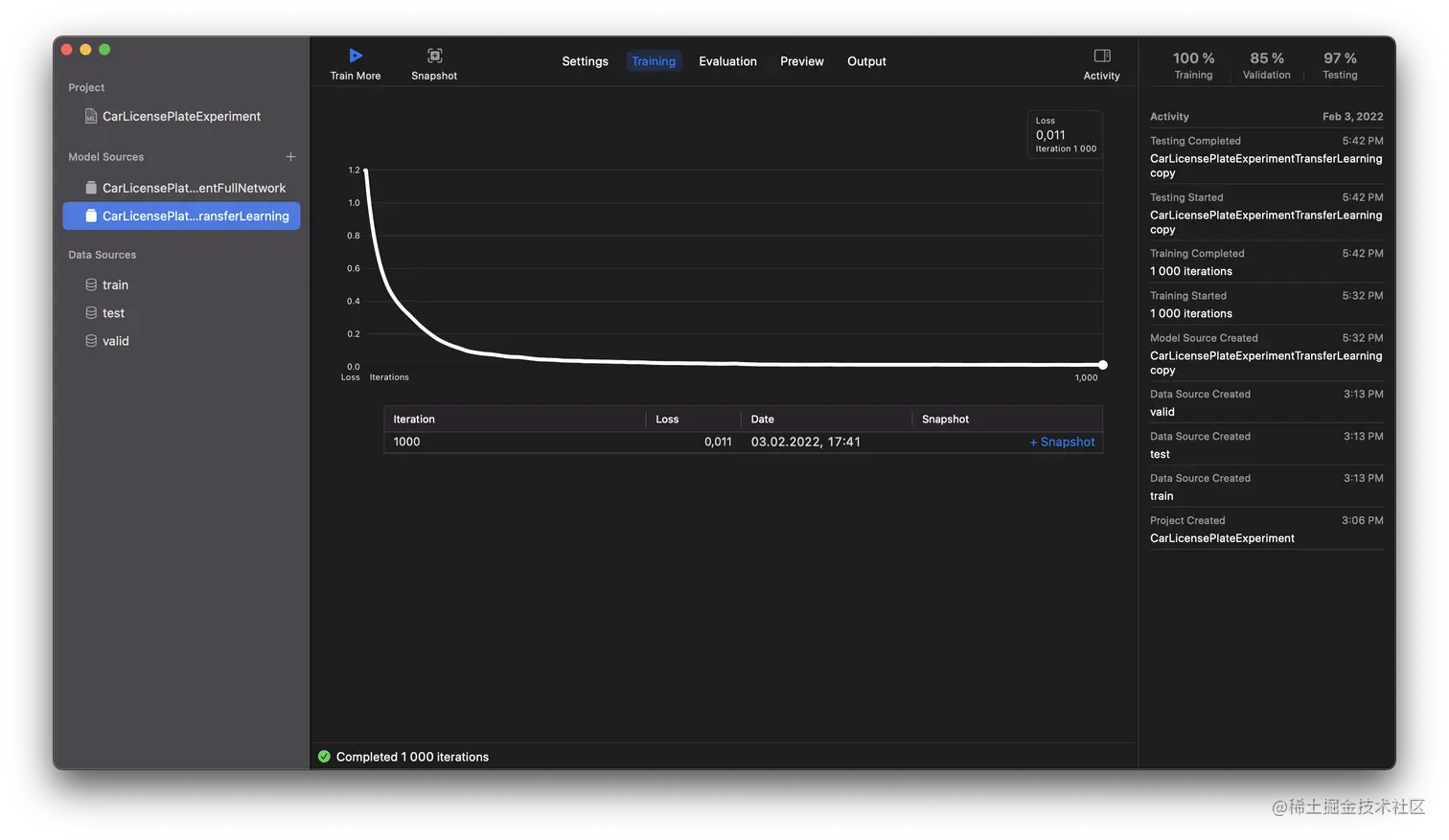 The graph showing the results of the Transfer Learning algorithm is smoother and it also suggests a faster speed and smaller model