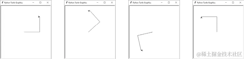 相同的两条垂直线的四个海龟图形截图，每次以不同的方式旋转。