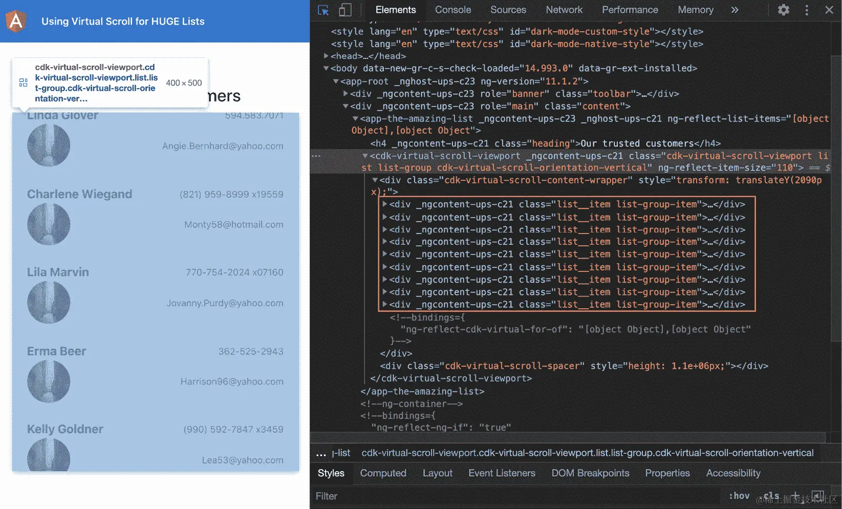 图 9.4 - 由于虚拟滚动，仅显示了一些在 DOM 上呈现的<div>元素