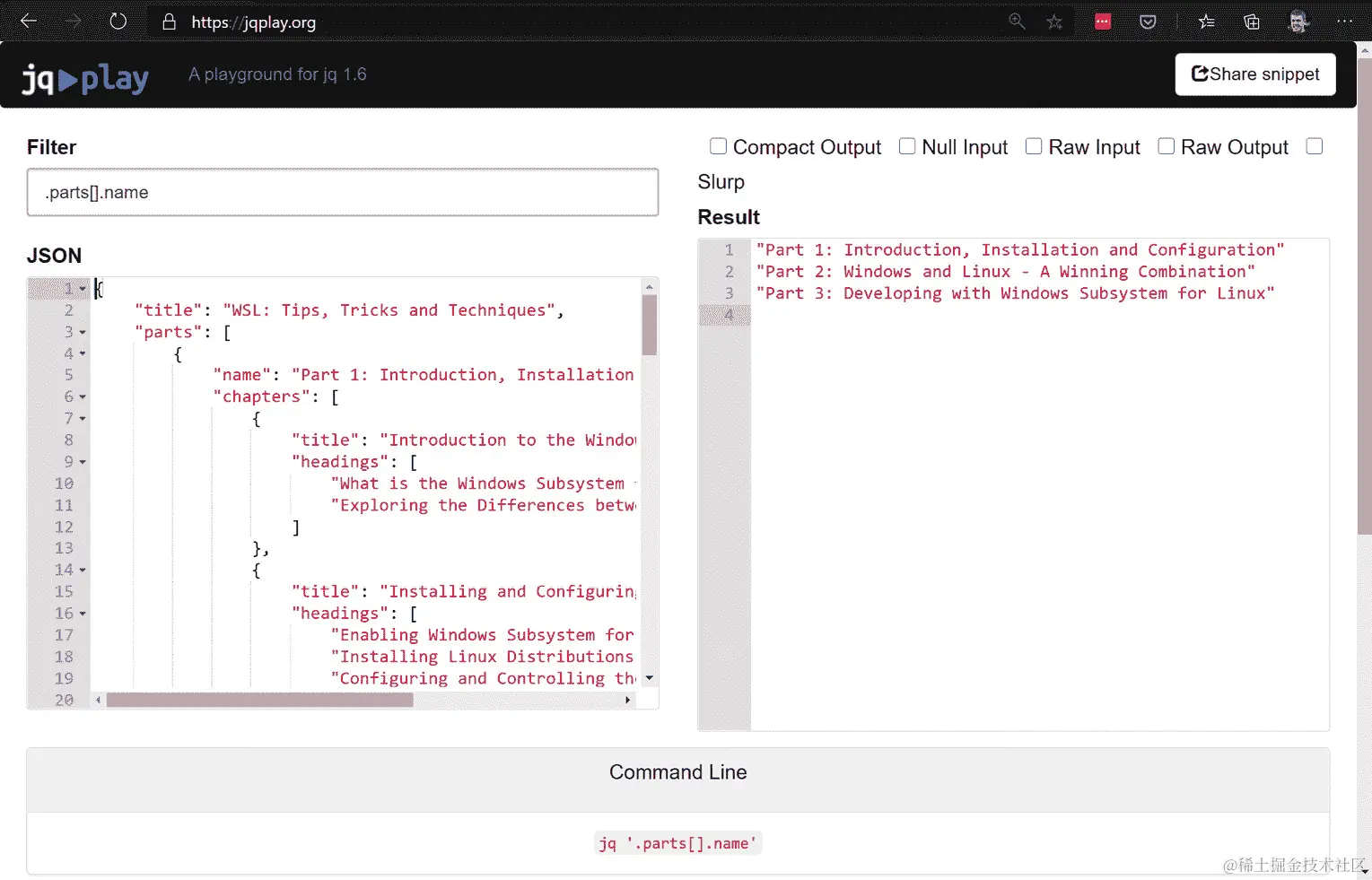 图 11.5 - 展示 jq playground 的截图