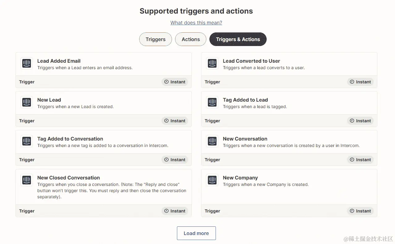 图 2.13 – Intercom 触发器、操作和搜索显示在集成选项卡中