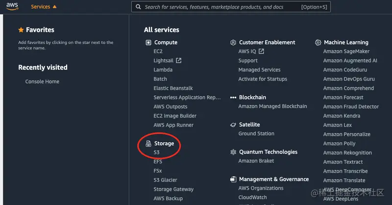 AWS Services dashboard displaying the S3 option under the Storage section