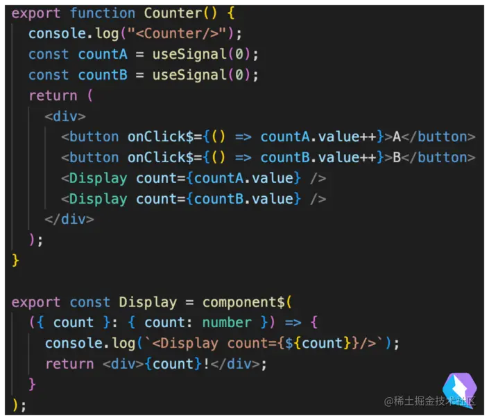 Screenshot of a code example of a counter component with a child Display component in Qwik.