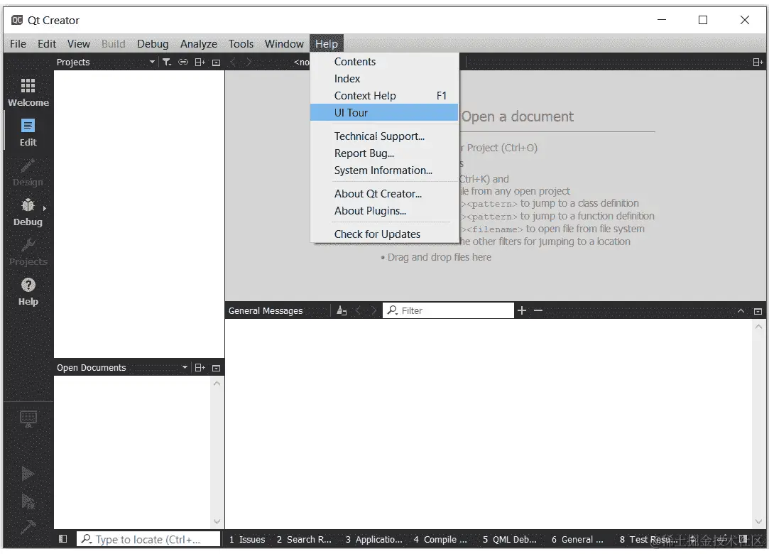 图 2.2 – Qt Creator UI 导览菜单选择