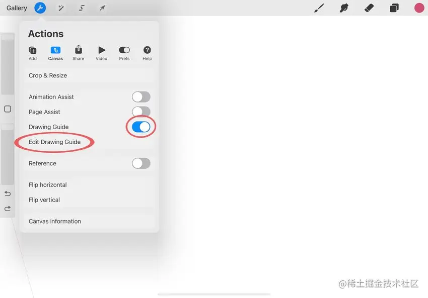 screenshot of the actions menu with 'edit drawing guide' circled in red 