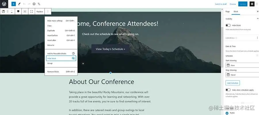 Block Visibility settings within a WordPress page.