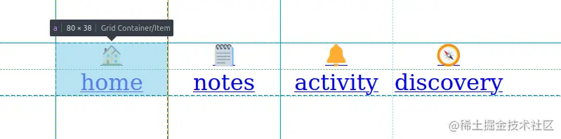 Screenshot. Shows the four menu items lined up in a row in the middle of the page, each item occupying a column, all columns having the same width; with emojis above the link text, both middle-aligned horizontally.