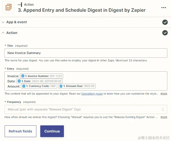 图 9.15 - ﻿自定义手动（与单独的“Release Digest” Zap 配对）频率字段选项在追加条目和计划摘要动作事件中的概述