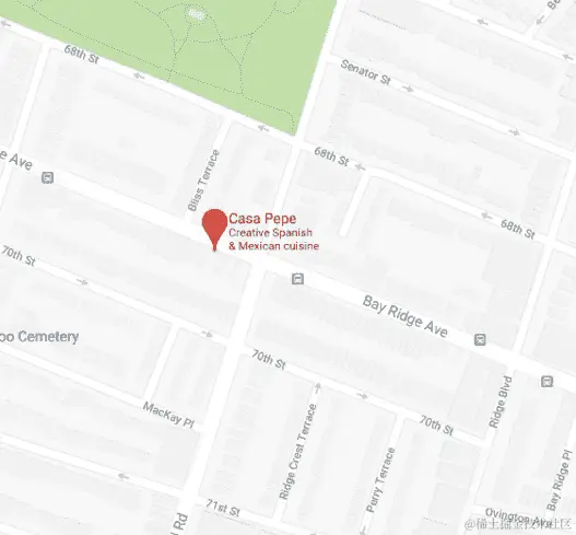 显示特定餐厅停车场细节及周围区域位置的地图截图。